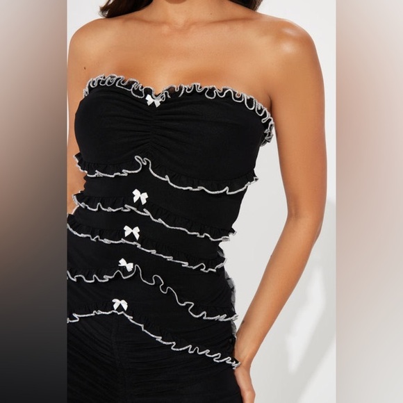 NWT Klesis Black/White Ruffle Mesh Strapless Maxi Dress Size Small - Picture 2 of 14